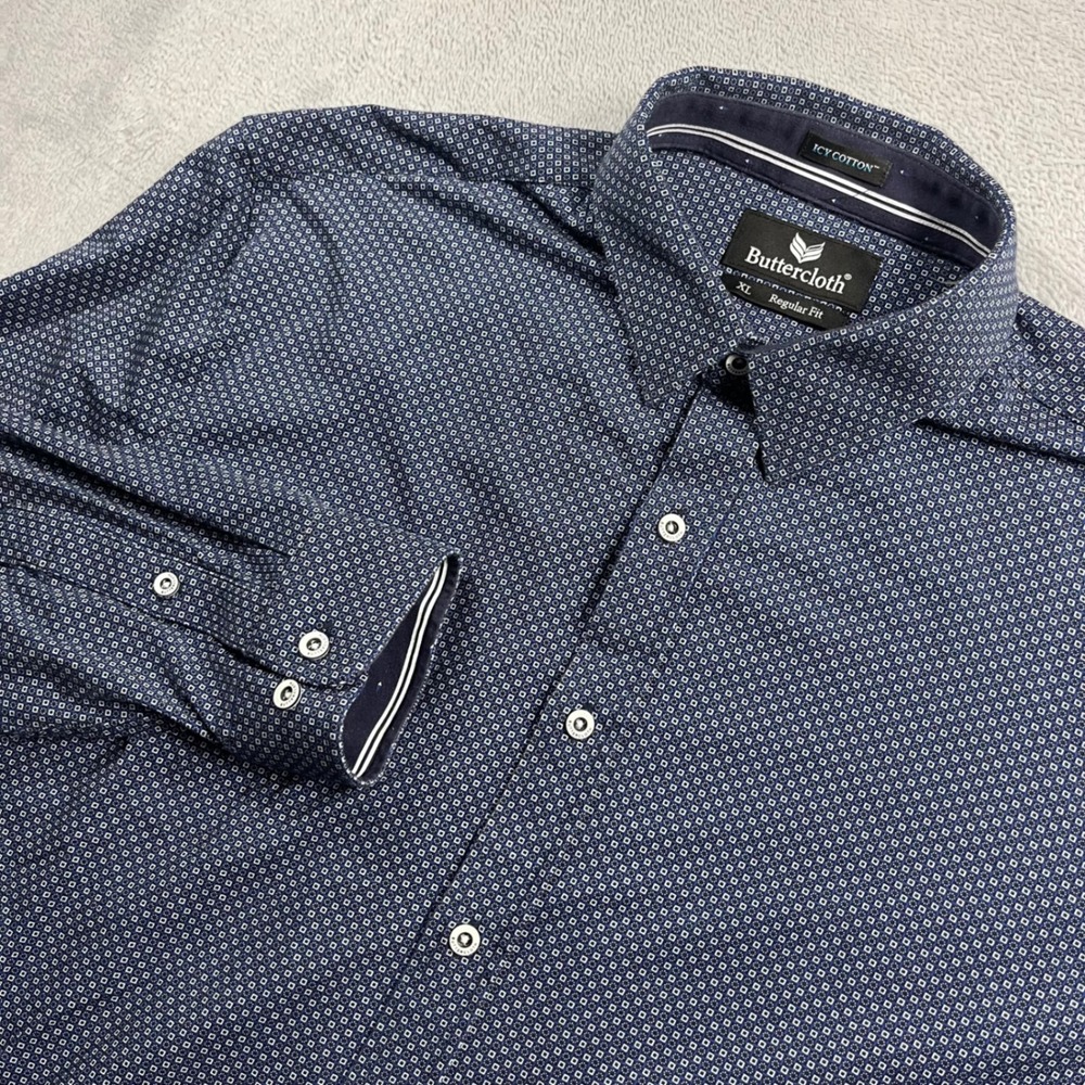 Buttercloth Icy Cotton Mens XL Regular Fit Navy Blue Geometric Button Down Shirt